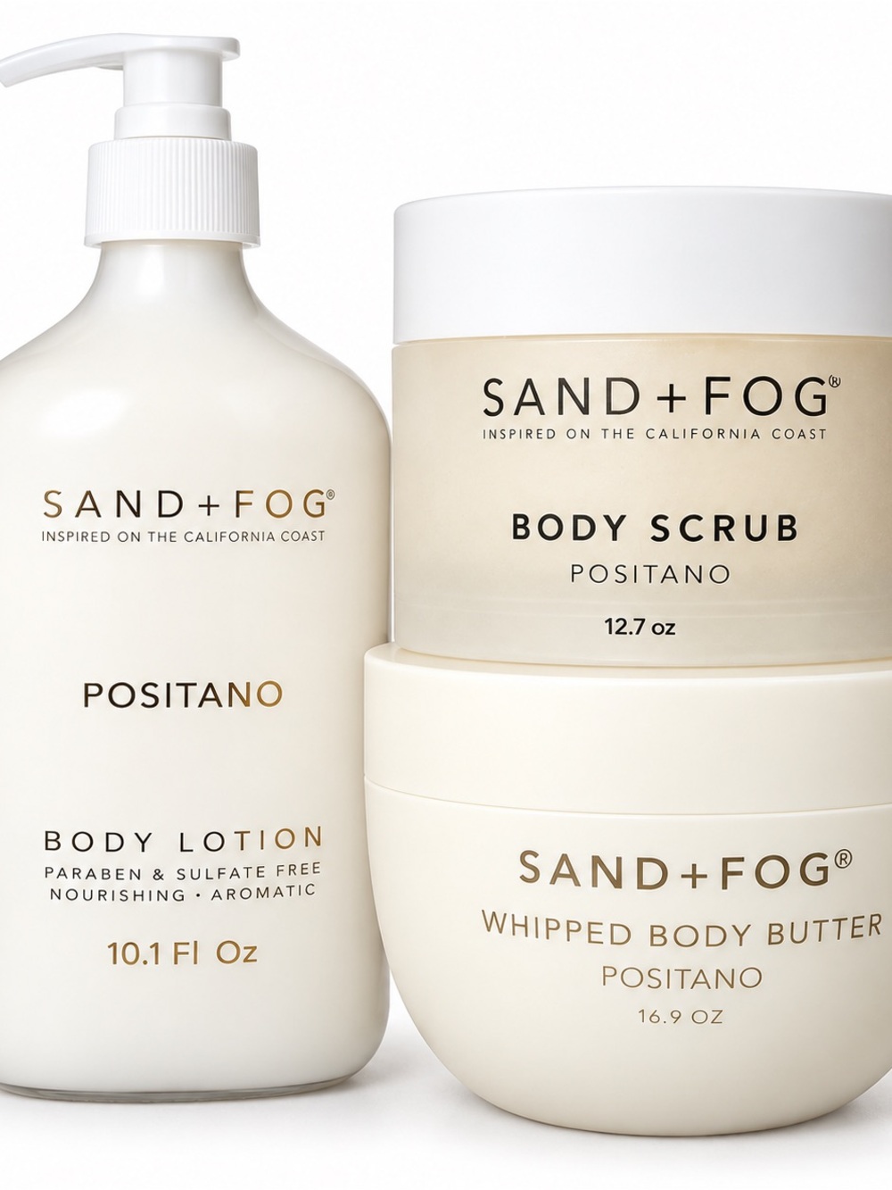Sand + Fog Positano 3 Pc Body Care Set Lotion Butter Scrub NEW (Discontinued)